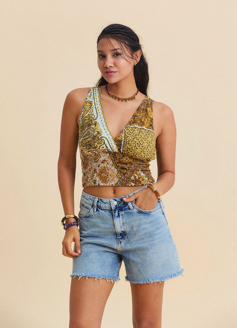 V Yaka Gipe Detaylı Arkadan Bağlamalı Sarı Otantik Bluz