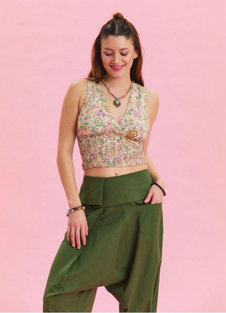 V Yaka Gipe Detaylı Arkadan Bağlamalı Bej Çiçekli Bluz