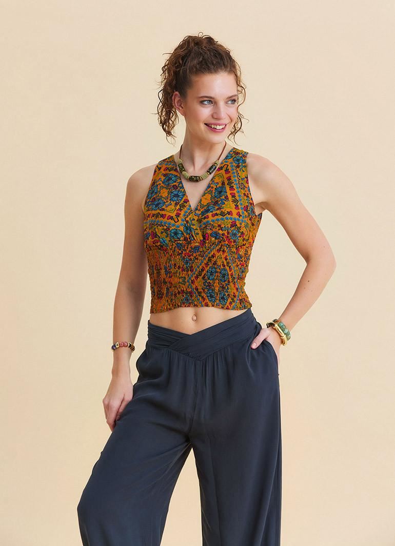 V Yaka Gipe Detaylı Arkadan Bağlamalı Hardal Çiçekli Bluz