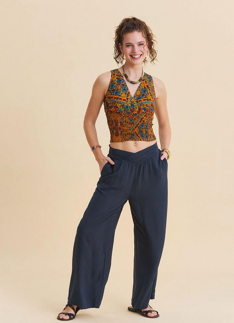 V Yaka Gipe Detaylı Arkadan Bağlamalı Hardal Çiçekli Bluz