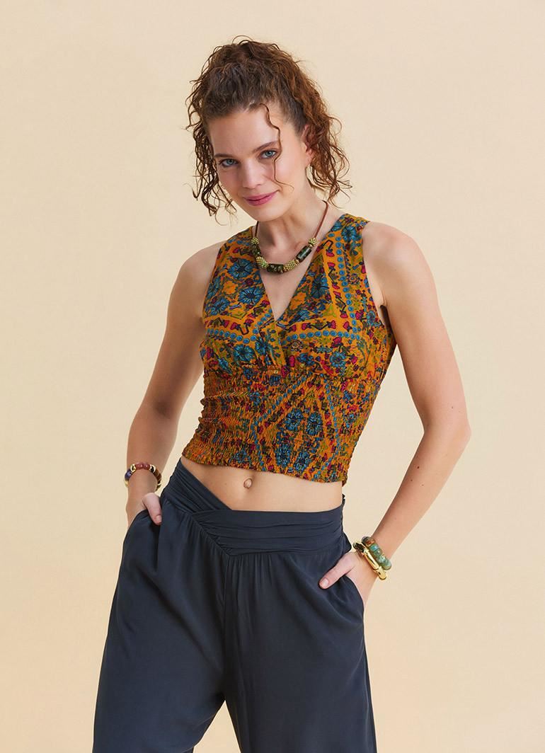 V Yaka Gipe Detaylı Arkadan Bağlamalı Hardal Çiçekli Bluz