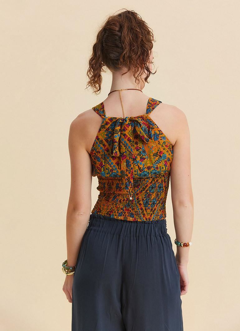 V Yaka Gipe Detaylı Arkadan Bağlamalı Hardal Çiçekli Bluz