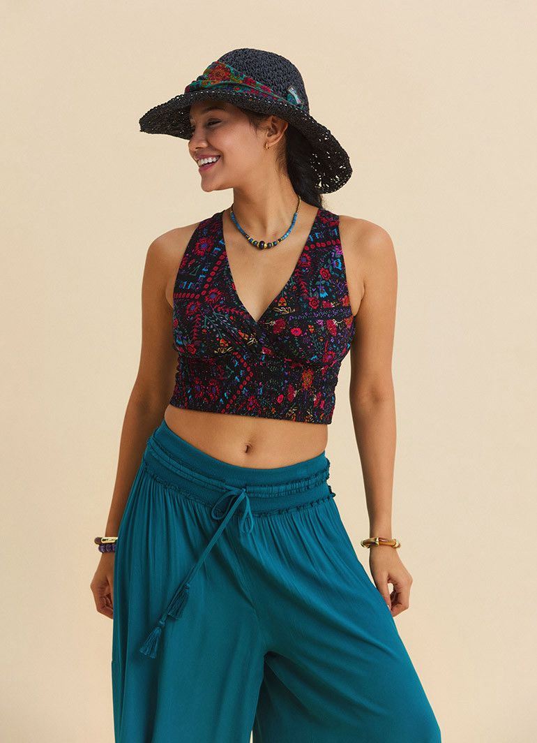 V Yaka Gipe Detaylı Arkadan Bağlamalı Siyah Çiçekli Bluz