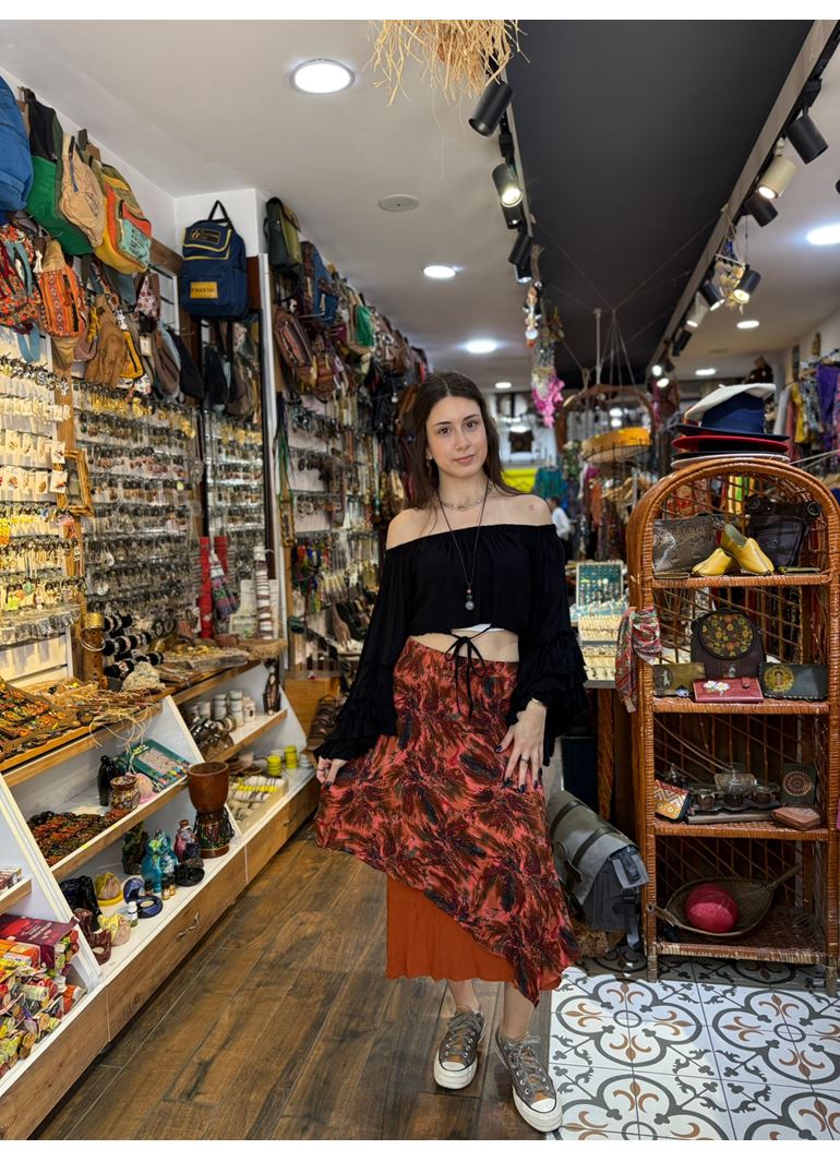 Beli Lastikli Çift Katlı Mercan Asimetrik Etek