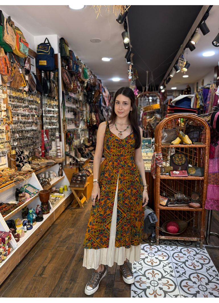 İnce Askılı Çift Katlı Düğmeli Hardal Çiçekli Elbise