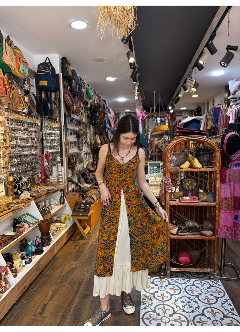 İnce Askılı Çift Katlı Düğmeli Hardal Çiçekli Elbise