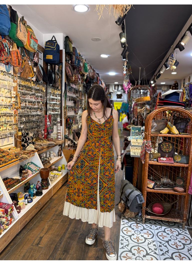 İnce Askılı Çift Katlı Düğmeli Hardal Çiçekli Elbise