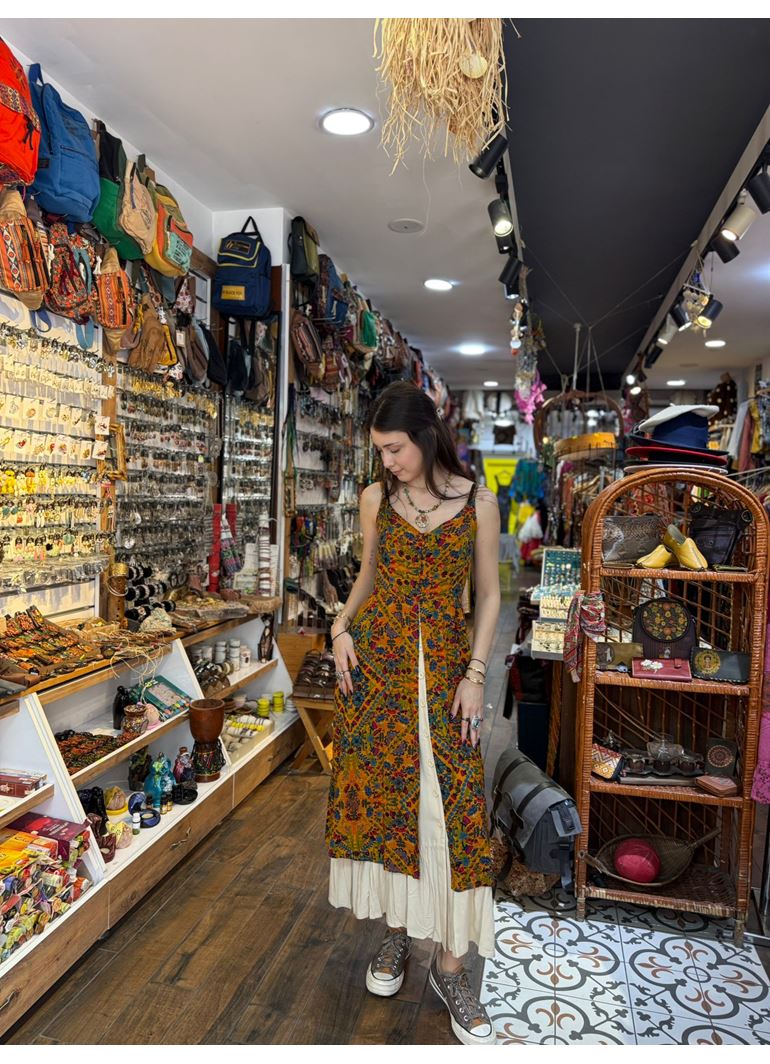 İnce Askılı Çift Katlı Düğmeli Hardal Çiçekli Elbise