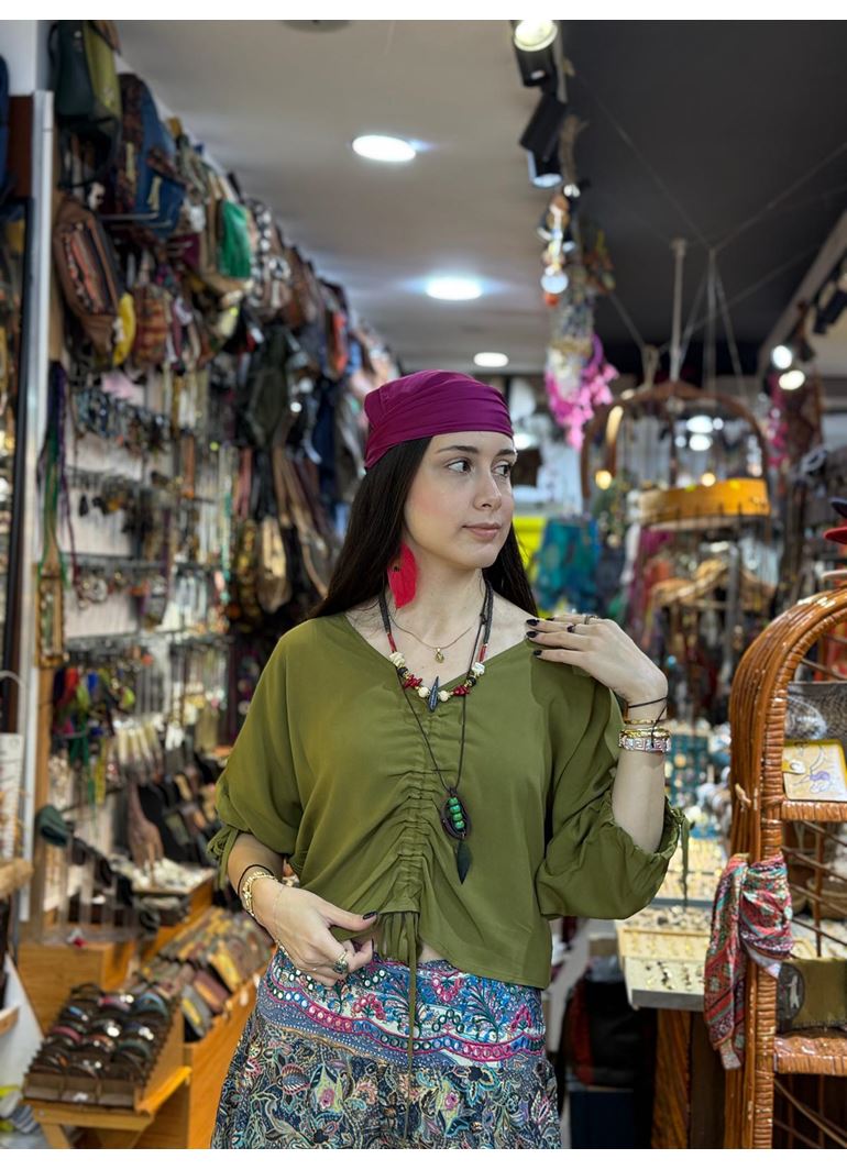 Kayık Yaka Yarım Kollu Büzgülü Yeşil Yazlık Bluz