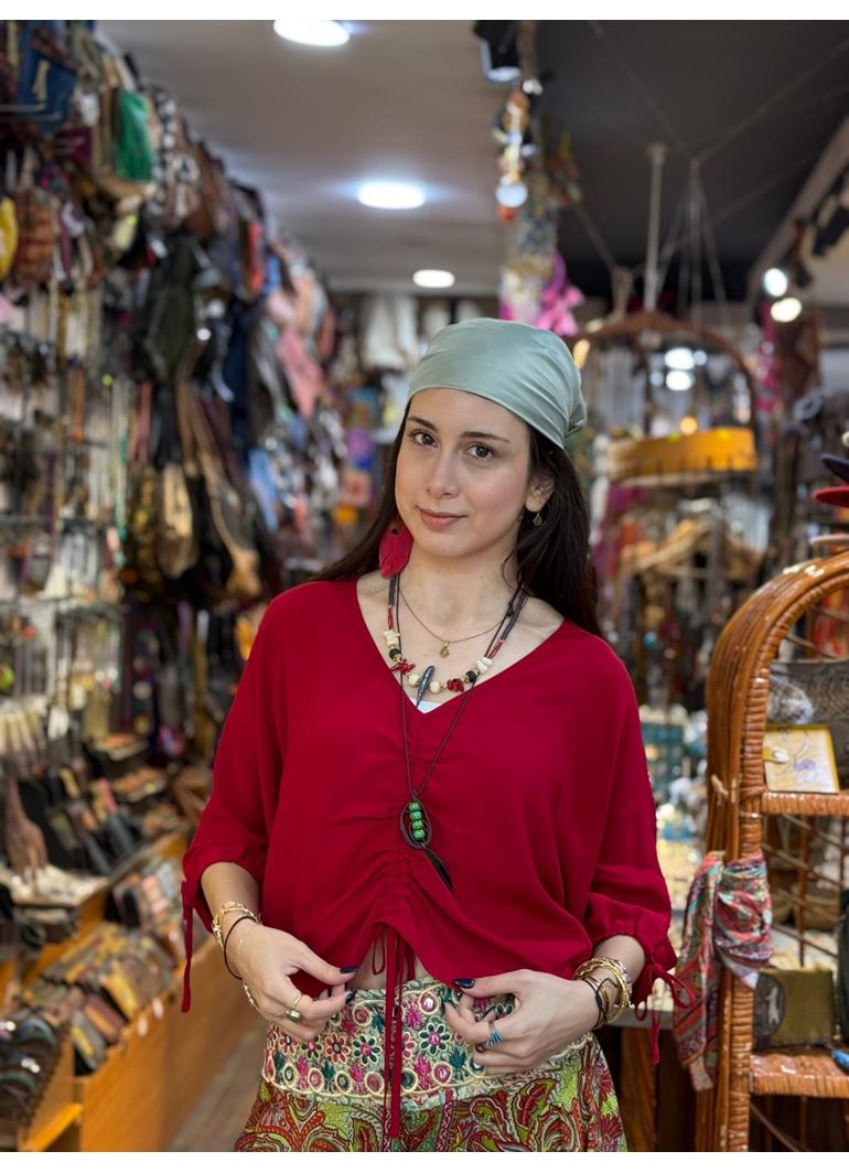 Kayık Yaka Yarım Kollu Büzgülü Kırmızı Yazlık Bluz