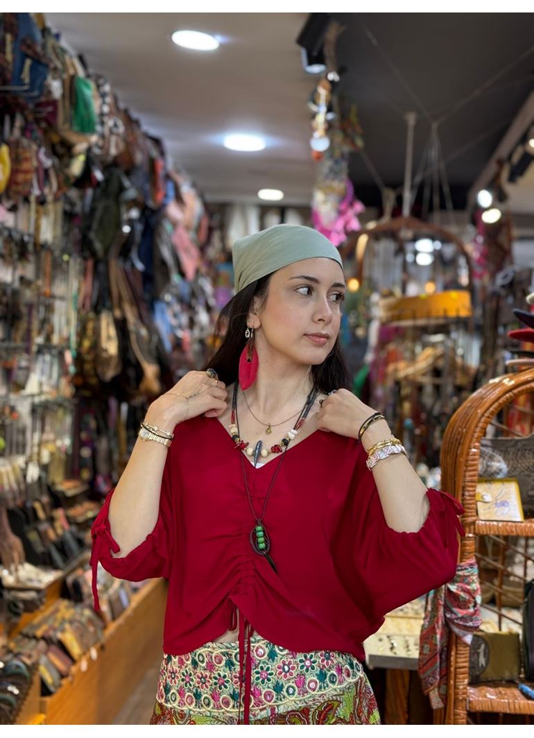 Kayık Yaka Yarım Kollu Büzgülü Kırmızı Yazlık Bluz