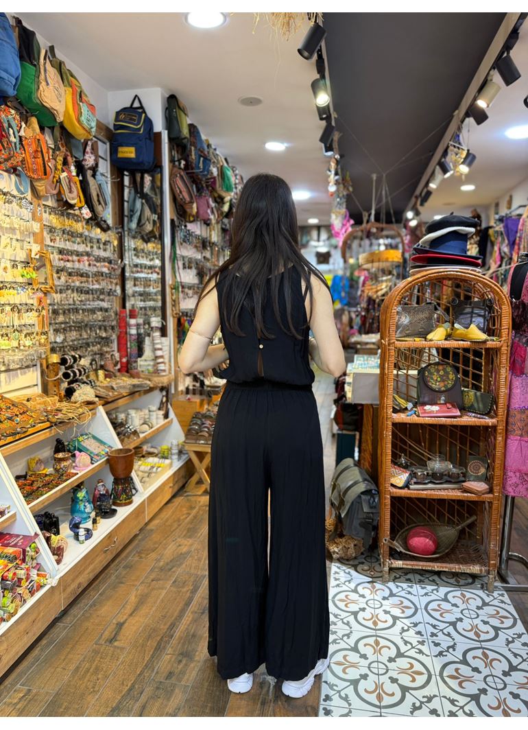 Bohem Beli Lastikli Düğmeli Siyah Tulum Elbise