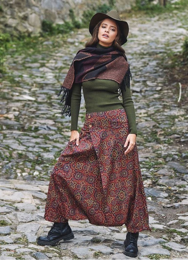 Retro Desenli Düğmeli Otantik Şalvar Pantolon