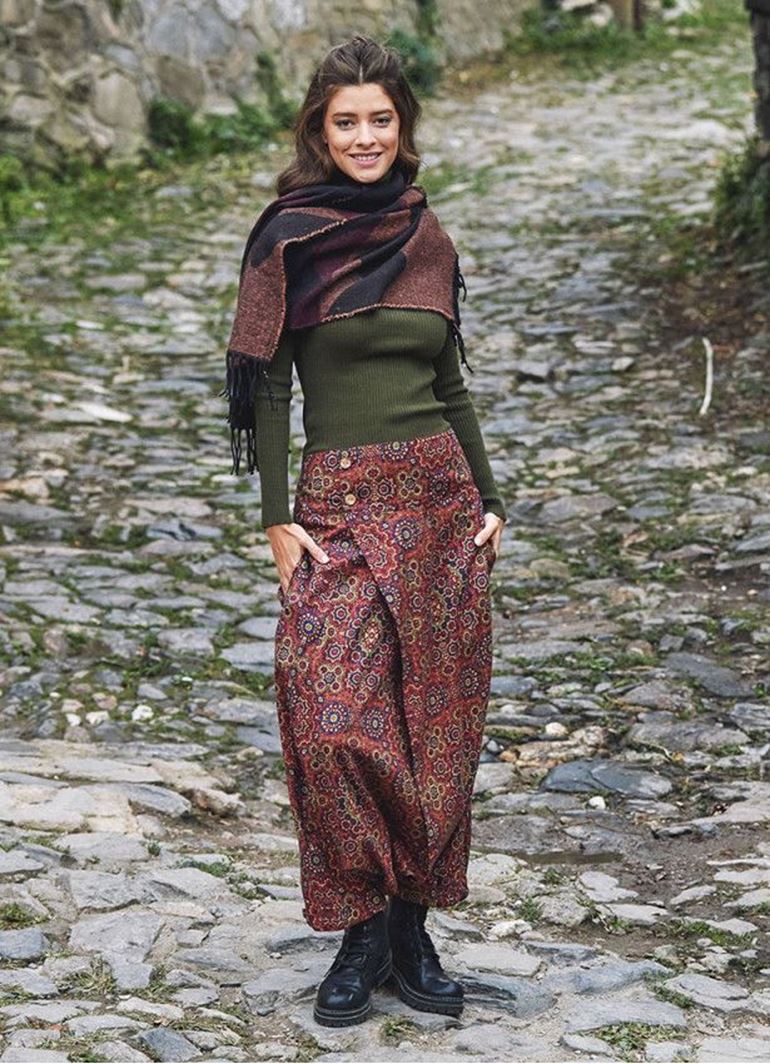 Retro Desenli Düğmeli Otantik Şalvar Pantolon