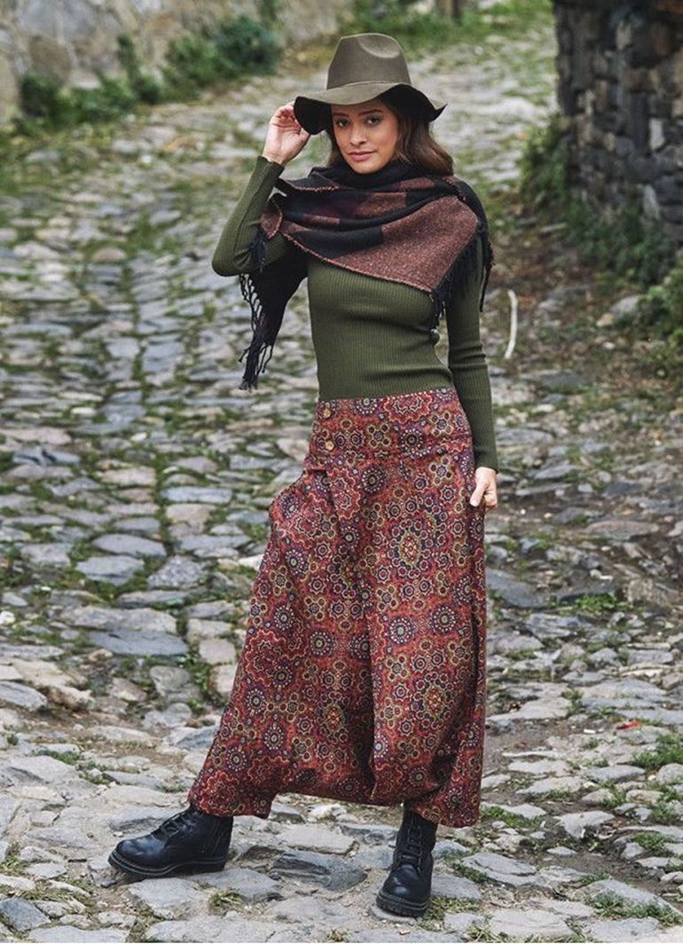 Retro Desenli Düğmeli Otantik Şalvar Pantolon