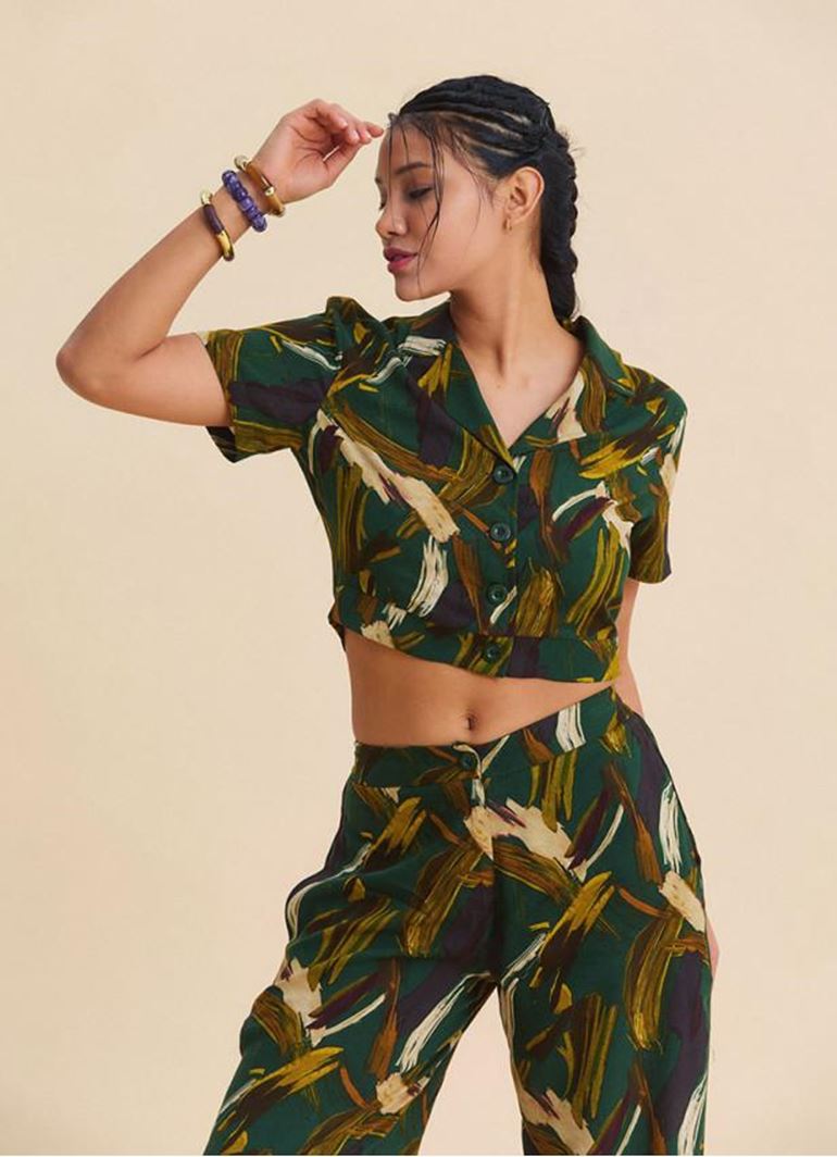 Gömlek Yaka Düğmeli Haki Crop Bluz