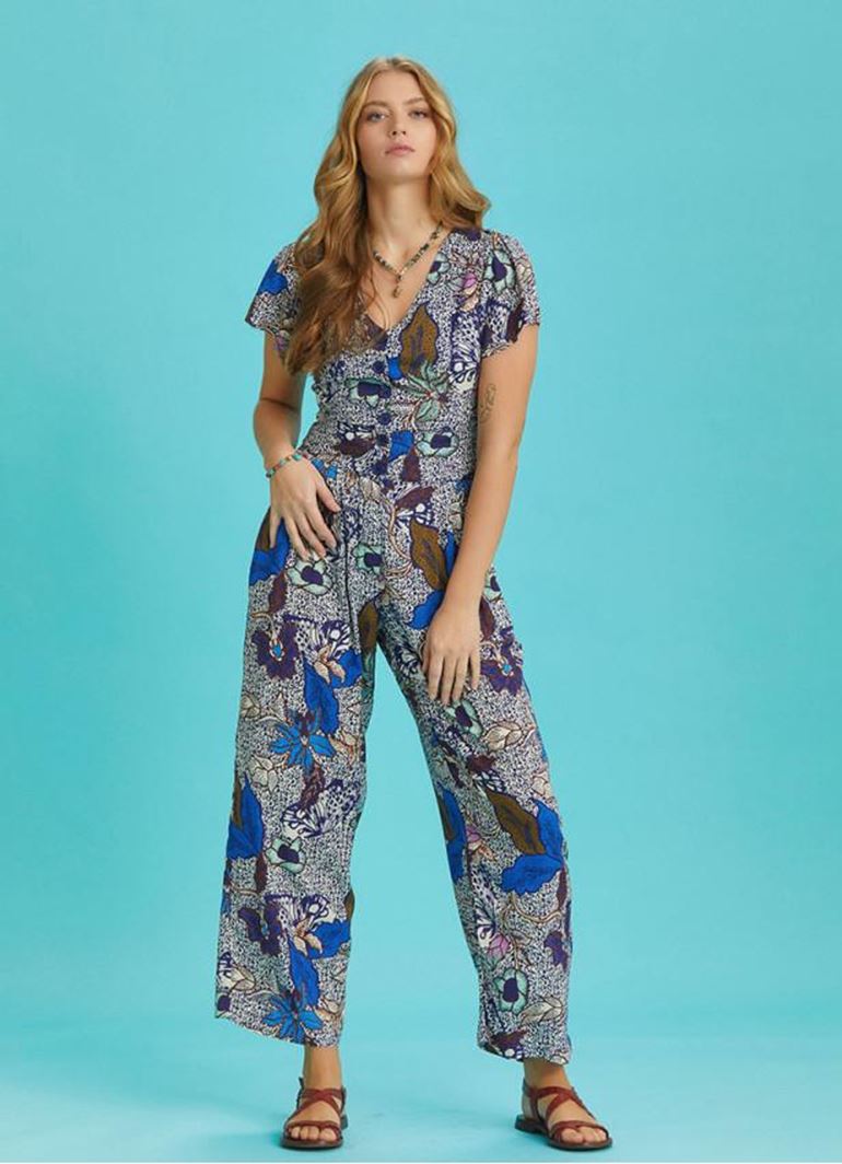 Yarım Kollu Mavi Desenli Bohem Tulum 