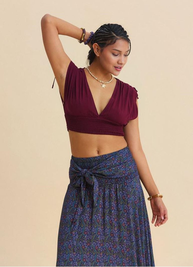 Derin V Yaka Beli Gipeli Bordo Crop Bluz
