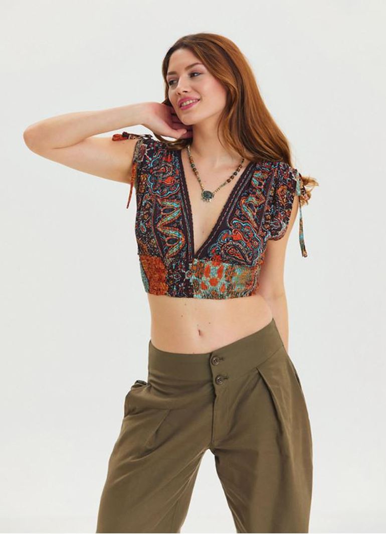 Derin V Yaka Beli Gipeli Kahve Crop Bluz