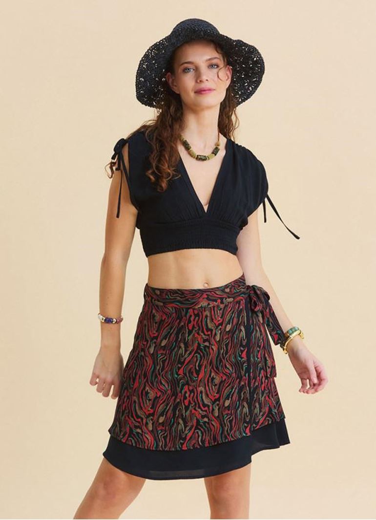 Derin V Yaka Beli Gipeli Siyah Crop Bluz