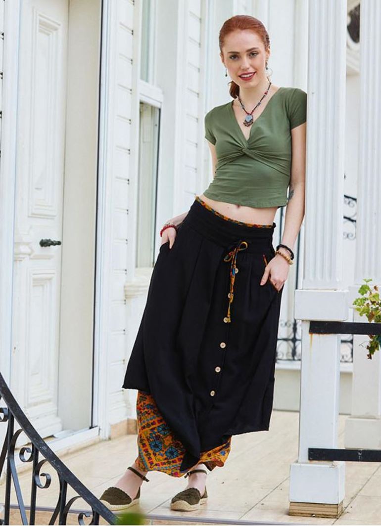 Kruvaze Yaka Kısa Kollu Haki Crop Bluz