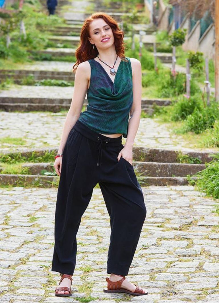 Bağcıklı Bel Cepli Bol Kesim Siyah Kadın Otantik Şalvar Pantolon