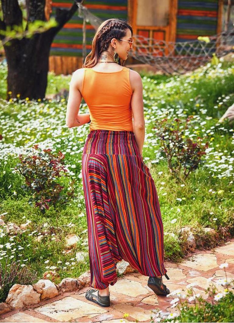 Otantik Çizgili Gipe Bel Kadın Kırmızı Şalvar 