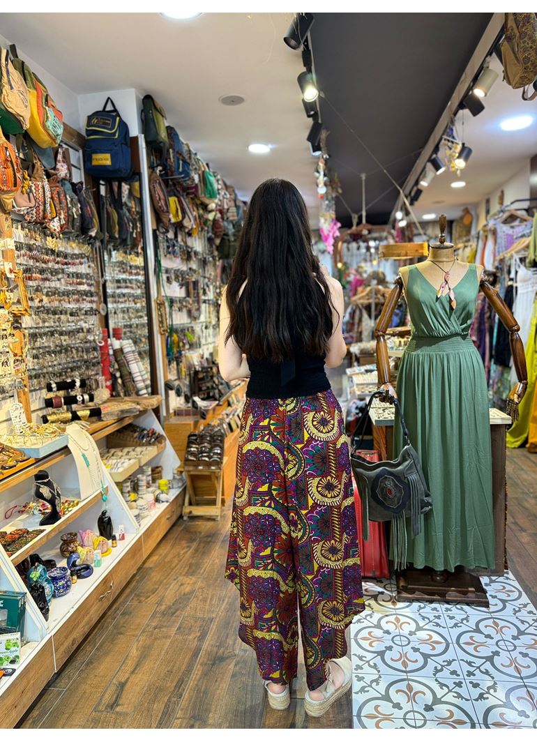 Beli Lastikli Asimetrik Kesim Desenli Kadın Etnik Pantolon