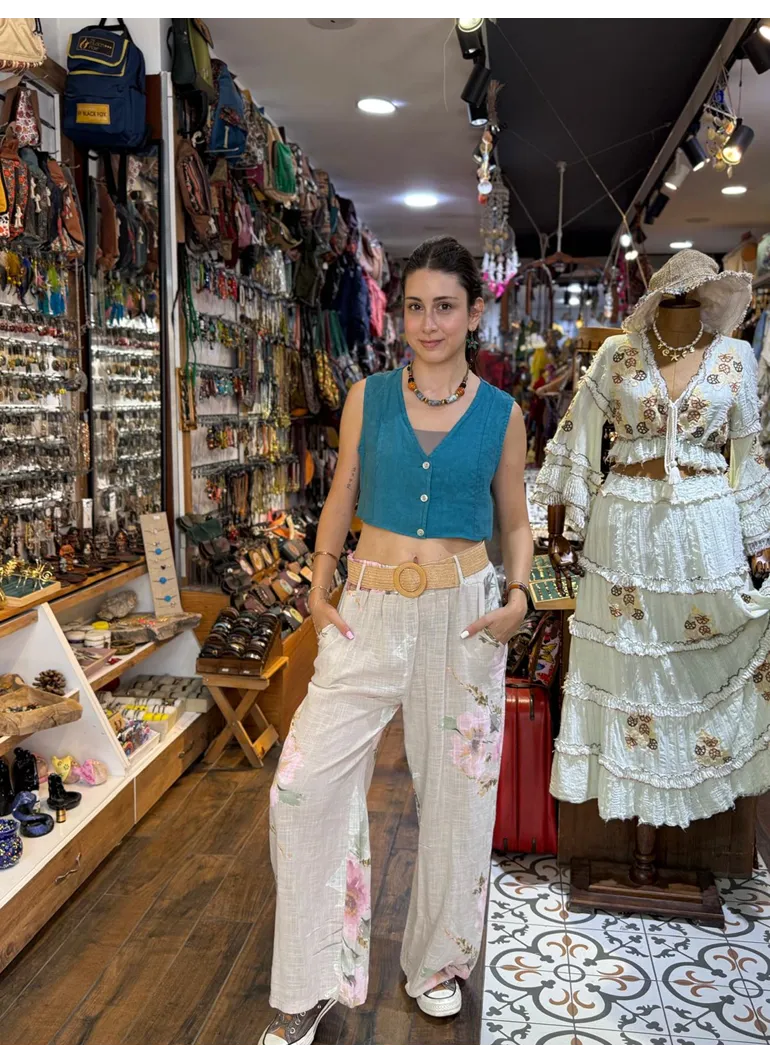 İtalyan Keten Pantolon Çiçekli