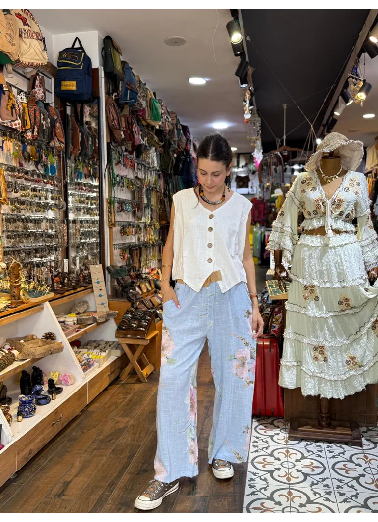 İtalyan Keten Pantolon Çiçekli