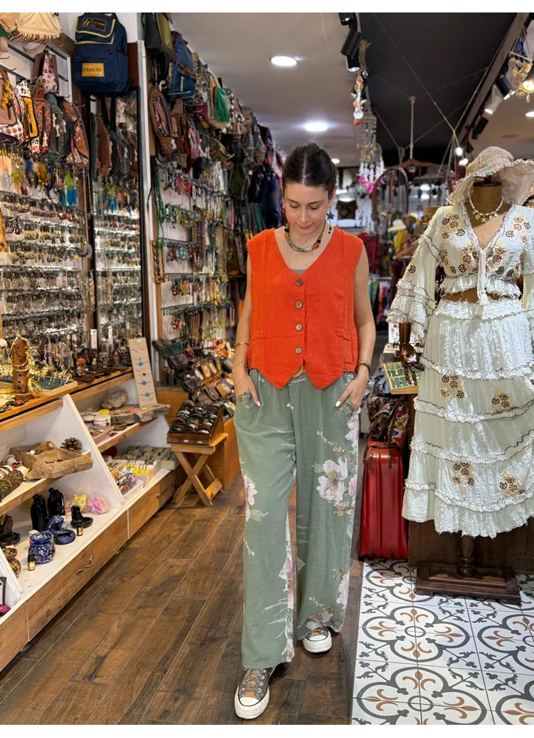 İtalyan Keten Pantolon Çiçekli