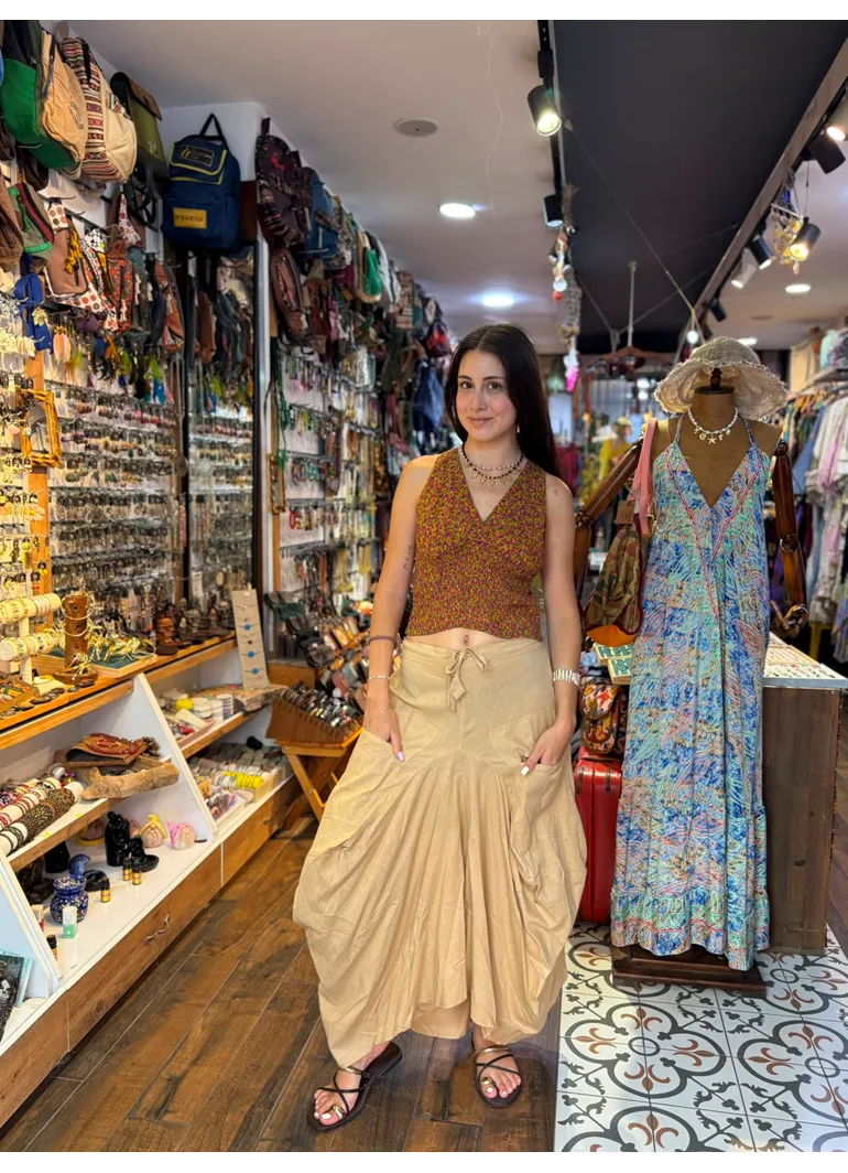 Beli Bağcıklı Cepli Krem Balon Etek