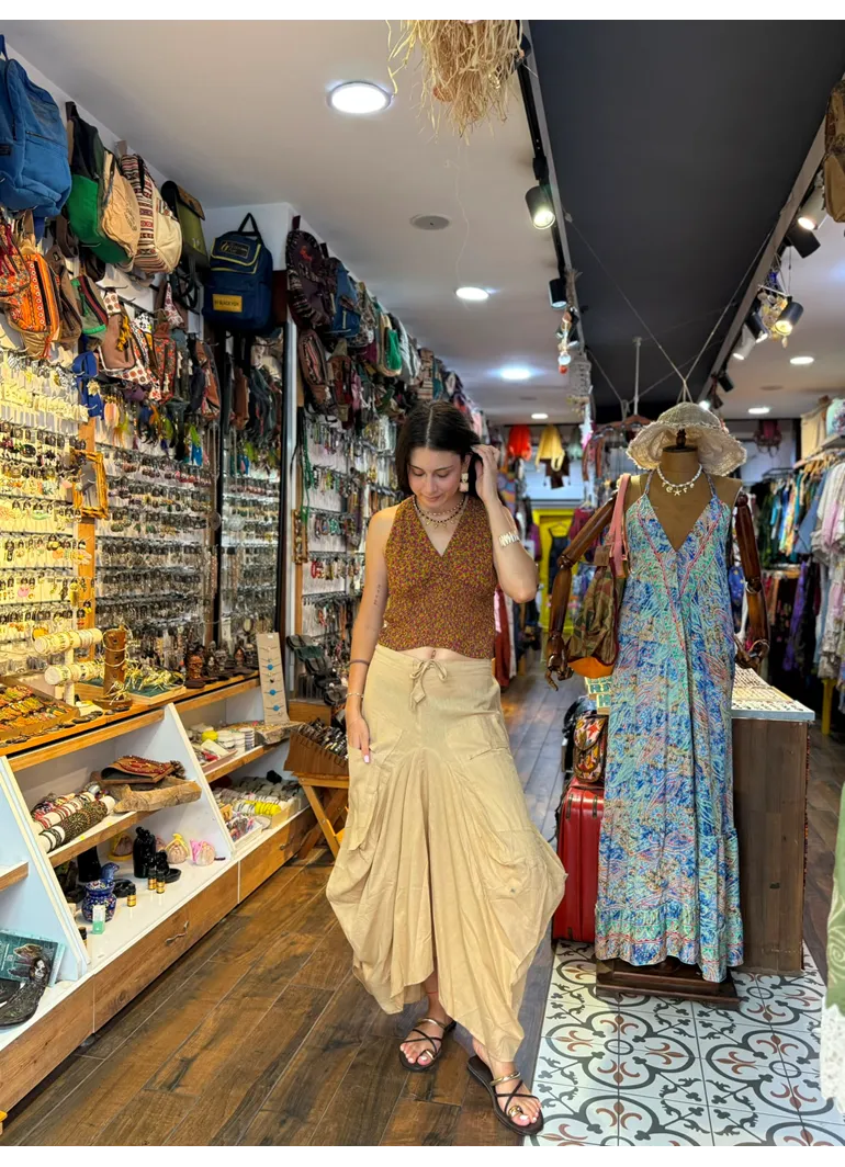 Beli Bağcıklı Cepli Krem Balon Etek