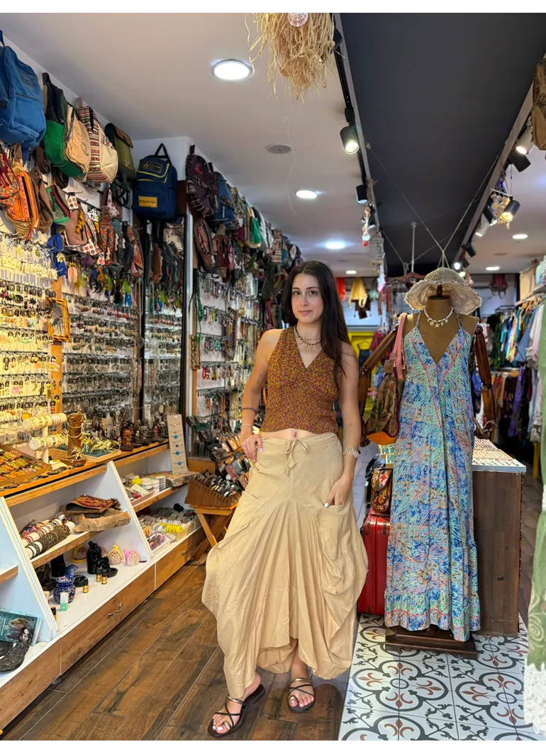 Beli Bağcıklı Cepli Krem Balon Etek
