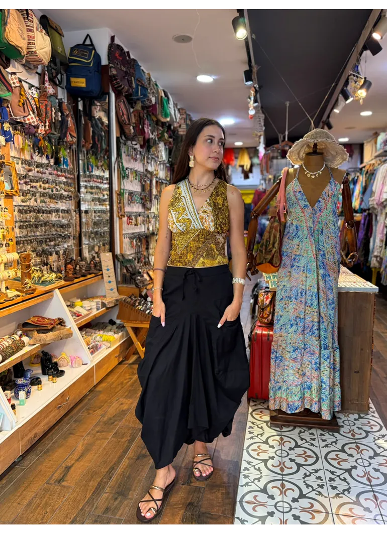 Cepli Beli Bağcıklı Siyah Asimetrik Etek
