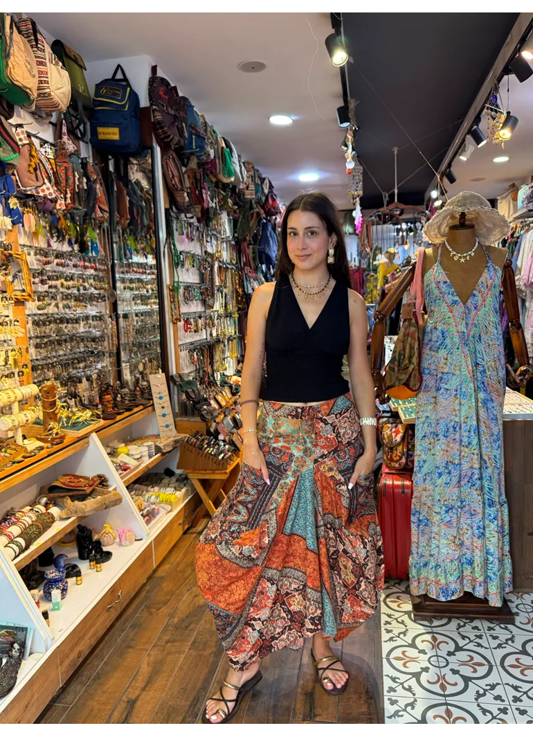 Kahve Desenli Beli Bağcıklı Cepli Uzun Etek