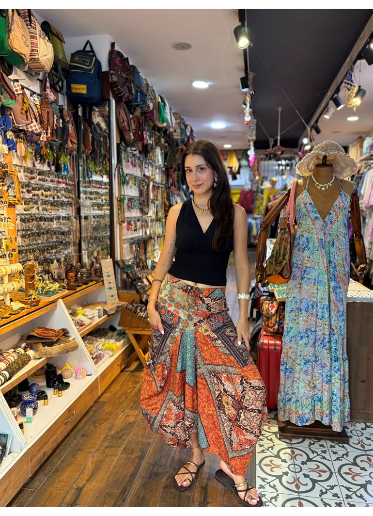 Kahve Desenli Beli Bağcıklı Cepli Uzun Etek