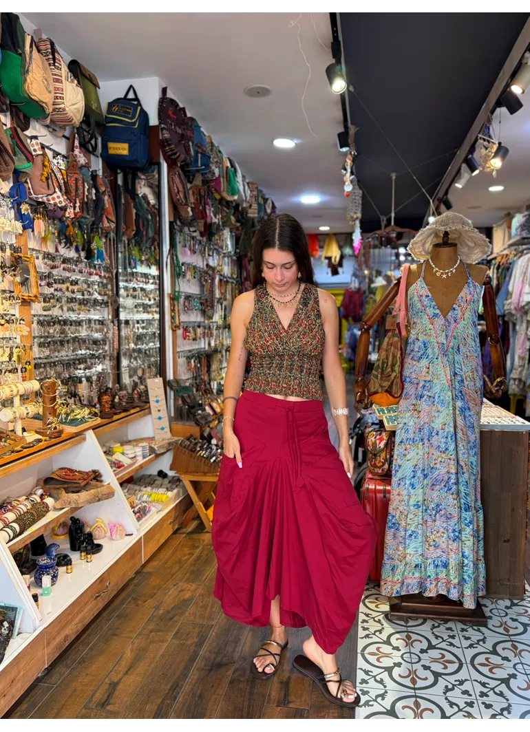 Otantik Beli Bağcıklı Cepli Uzun Kırmızı Etek