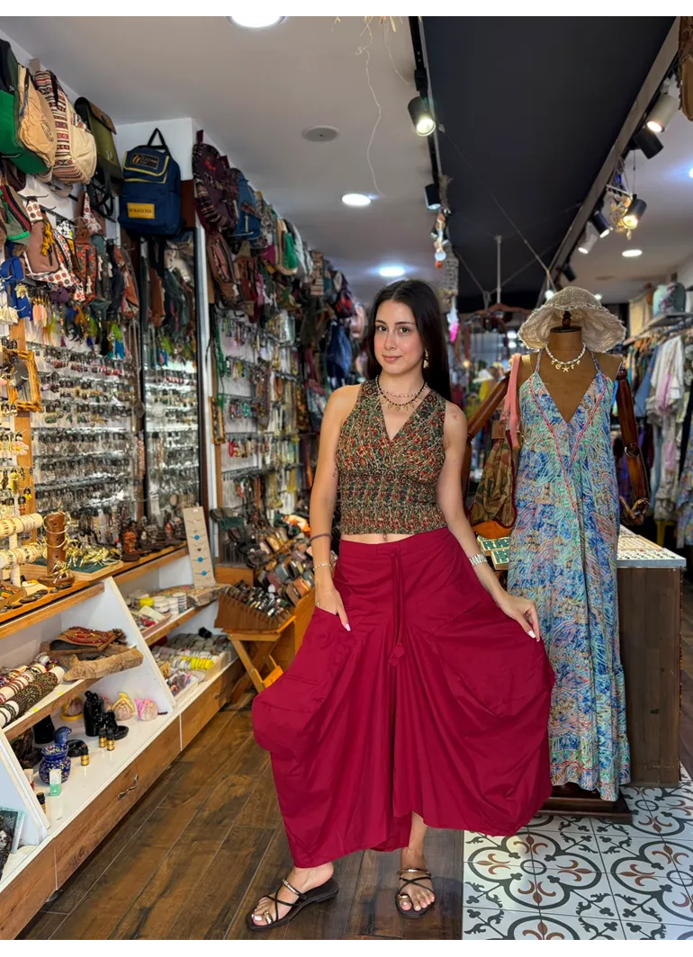 Otantik Beli Bağcıklı Cepli Uzun Kırmızı Etek