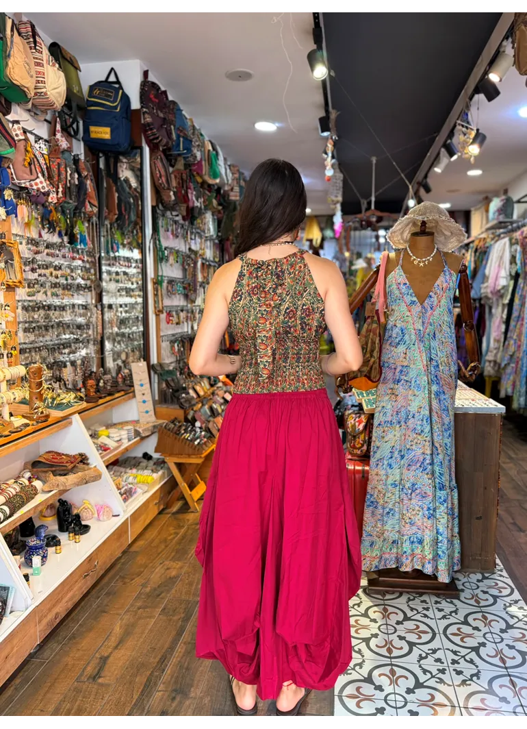 Otantik Beli Bağcıklı Cepli Uzun Kırmızı Etek