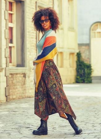 Kahverengi Etnik Desenli Biye Detaylı Kloş Etek