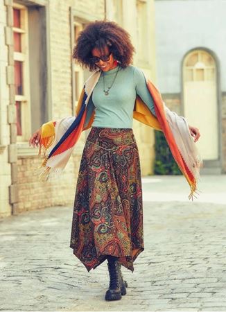 Kahverengi Etnik Desenli Biye Detaylı Kloş Etek