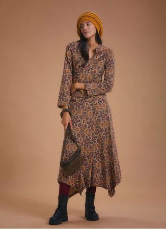 Otantik Desenli Biye Detaylı Asimetrik Kesimli Etek