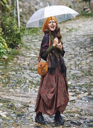 Bohem Beli Bağcıklı Cep Detaylı Uzun Otantik Etek