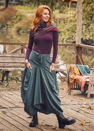 Bohem Beli Bağcıklı Cep Detaylı Uzun Otantik Etek - Yeşil