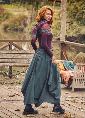 Bohem Beli Bağcıklı Cep Detaylı Uzun Otantik Etek - Yeşil