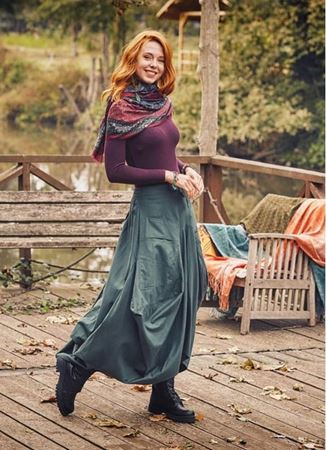 Bohem Beli Bağcıklı Cep Detaylı Uzun Otantik Etek - Yeşil