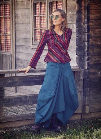 Etnik Cepli Beli Bağcıklı Uzun Petrol Etek