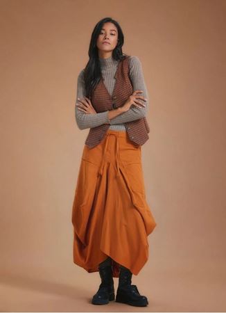 Bohem Tarz Beli Bağcıklı Cepli Hardal Uzun Etek