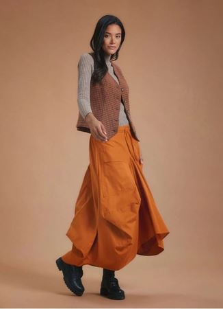 Bohem Tarz Beli Bağcıklı Cepli Hardal Uzun Etek